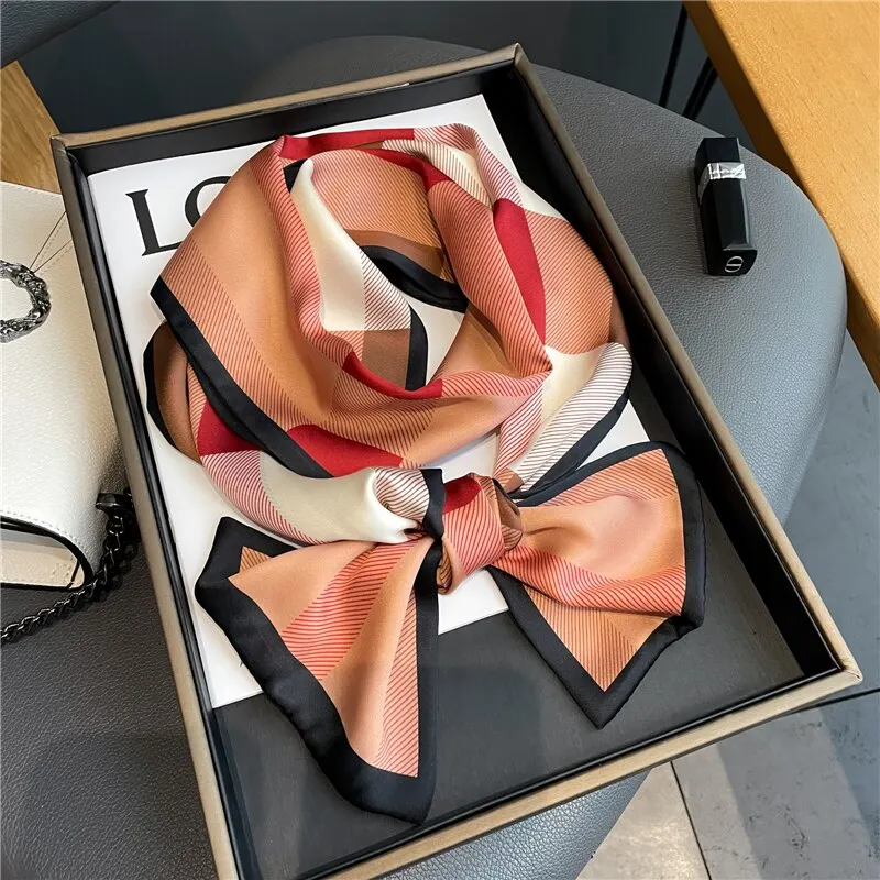 Plaid Skinny Satin Silk Scarf for Women Hair Bands Neck Tie Belt Headband Lady Wraps Foulard Headkerchief Bandana