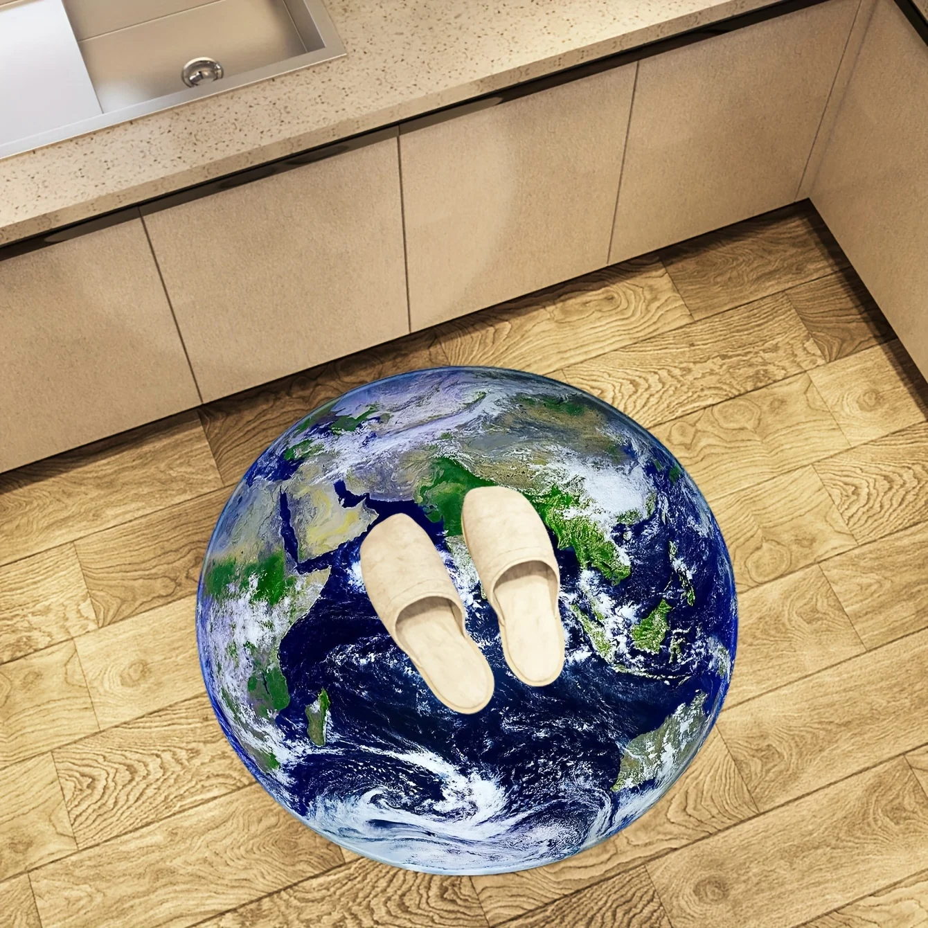 Earth Globe Round Rug Flannel Realistic Planet Design Educational Home Office Decor Non Slip Soft Floor Mat World Map Lover