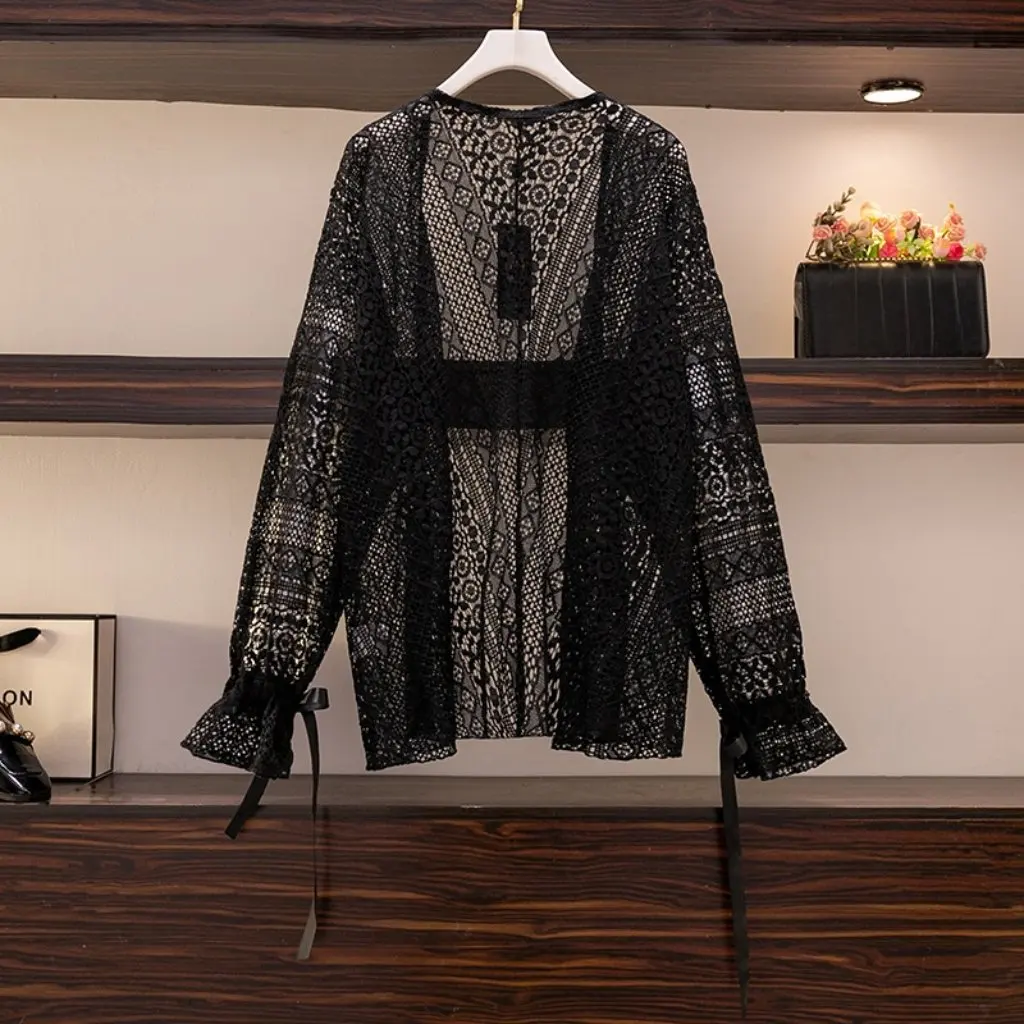 Deformed Summer Shawl with Sling Skirt Outer Lace Cardigan Blouse Women's plus size Thin Sunscreen Top