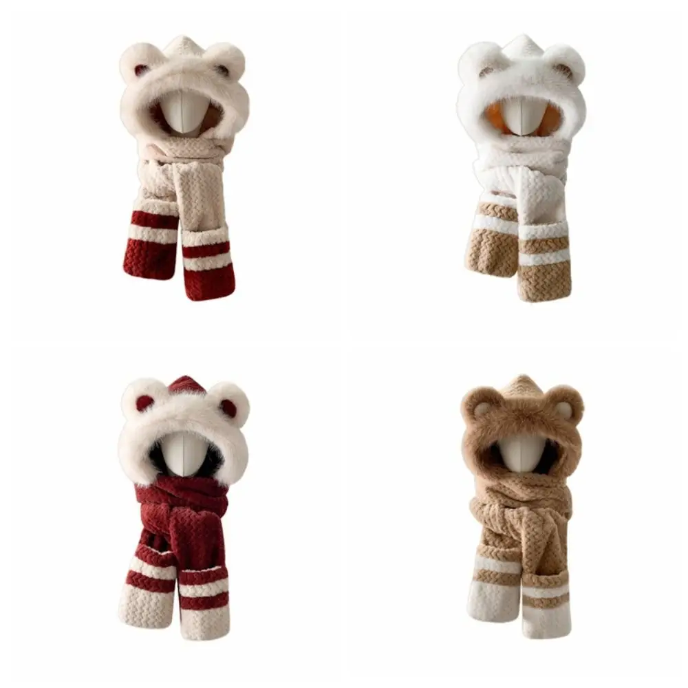 高価値のクマ保護帽子 ソフトプラッシュプルオーバー一体型キャップ 手袋 スカーフ 甘い厚みのあるデザイン 耳保護帽子
