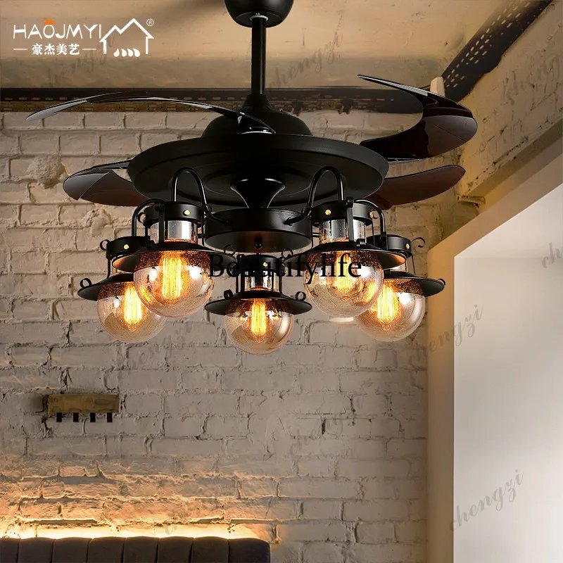 Industrial style living room ceiling fan light American retro restaurant booth box clothing store creative commercial