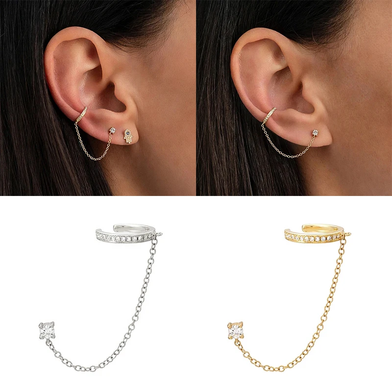 Aide 1PCS 925 Sterling Silver Single Row Diamond Ear Clip Tassel Earrings For Women Small Gold Silver Color Earrings Orecchini