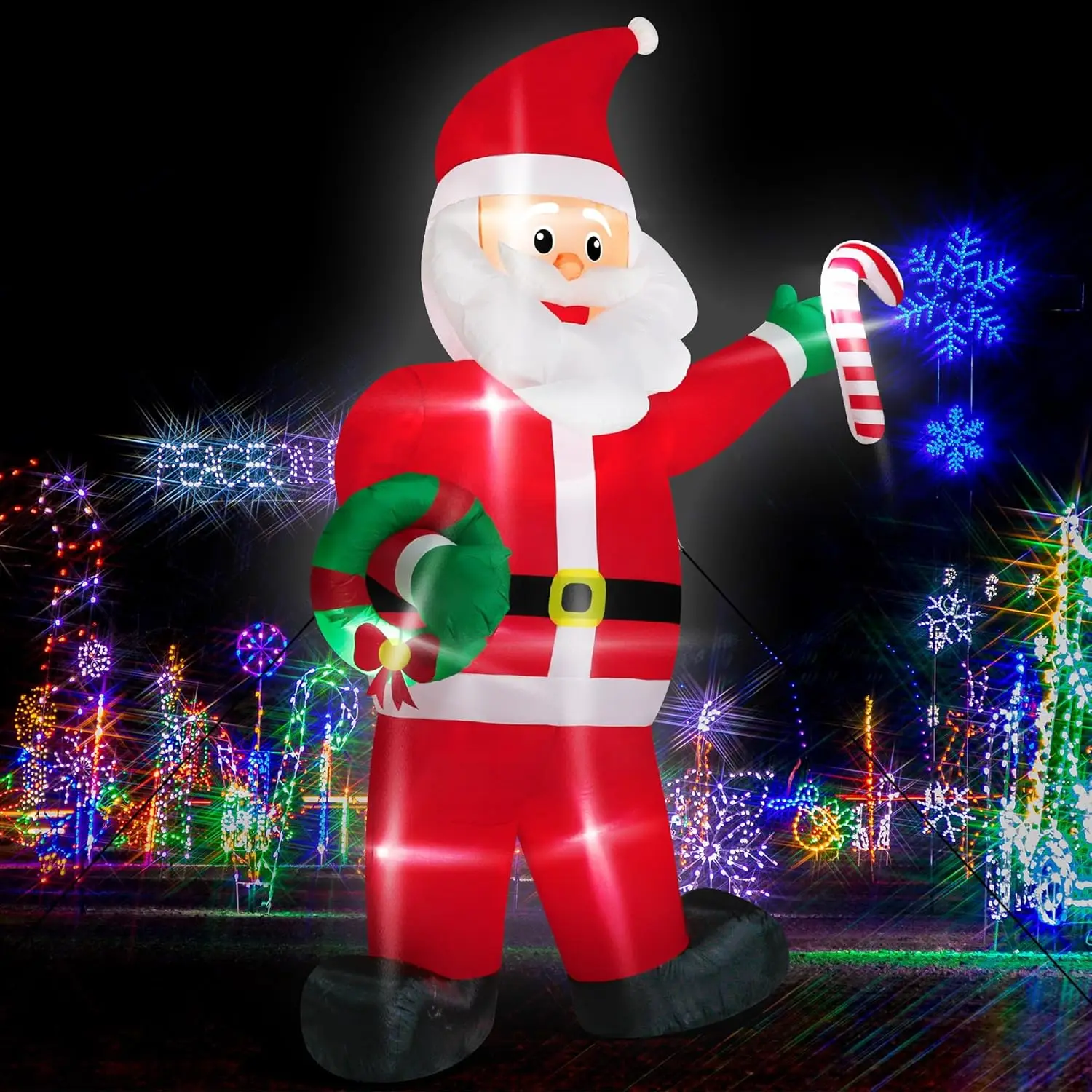 12FT Christmas Santa Inflatables, Giant Inflatable Santa Claus Holding Candy Cane, LED Lighted Blow Up Christmas Santa Claus