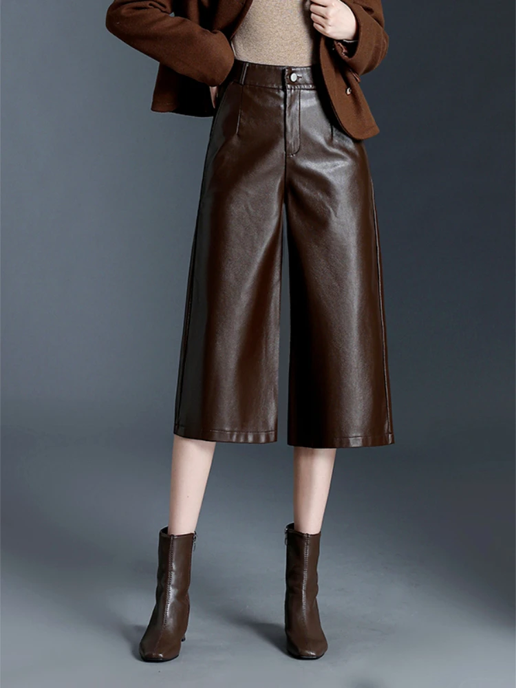 Fashionable high waist slimming PU leather wide leg pants 2025 autumn winter new women five-point straight leg pants