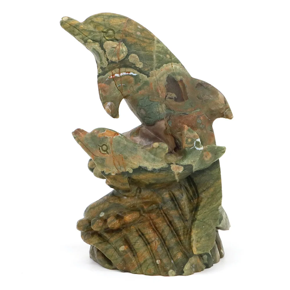 4.5 Dolphin Statue Natural Matte Frosted Green Forest Jasper Crystal Hand Carved Stone Animal Figurine Crafts Home Decoration