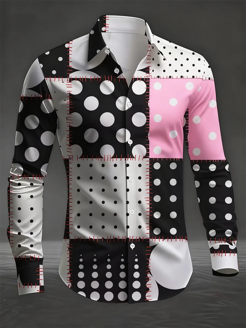 

Men's new retro polka dot 3D patchwork printed shirt with button slimming and comfortable men's lapel button shirt
