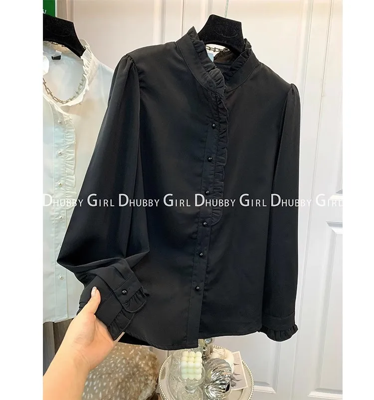 Lotus Collar High Quality Chic Decorative Design Buttons Women 2023 Summer Shirt Ladies Blouse