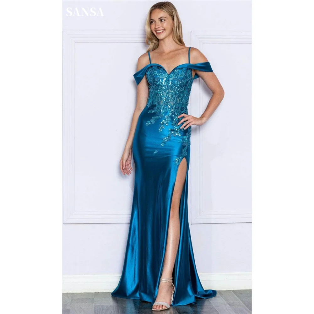 

Sansa Lace Appliques Satin Prom Dress Spaghetti Strap Mermaid Vestidos De Noche Elegant Sleeveless Floor-Length Wedding Dresses