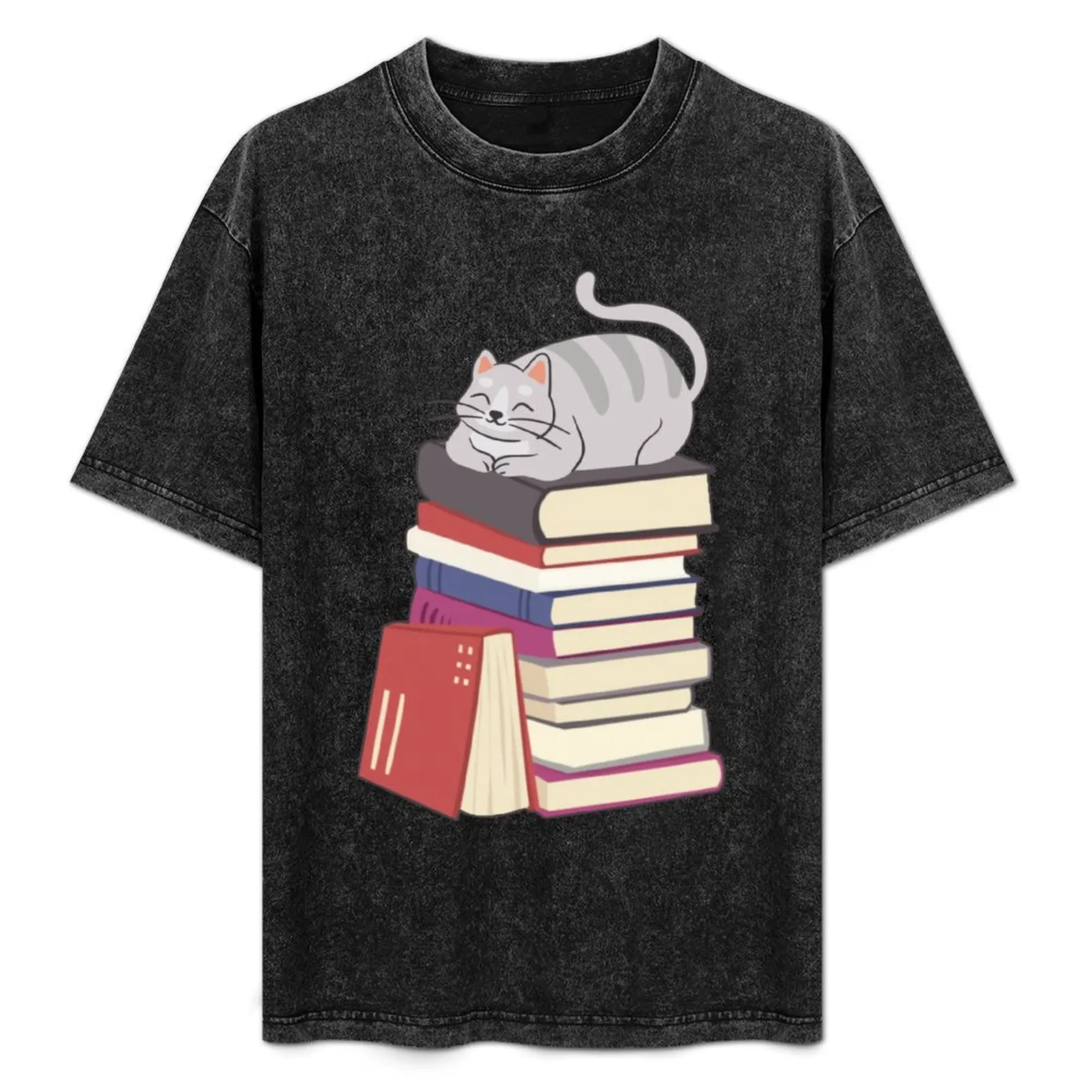 

Stack of Books and a Chubby Cat T-Shirt Basic Short Sleeve T-Shirt for Men