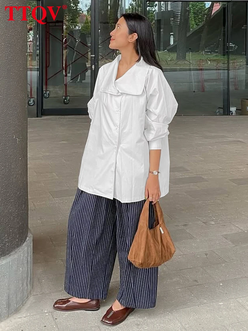 TTQV Blus Wanita Katun Putih Longgar Musim Semi 2026 Kemeja Lengan Panjang Turtleneck Fashion Pakaian Wanita Atasan Solid Klasik Elegan