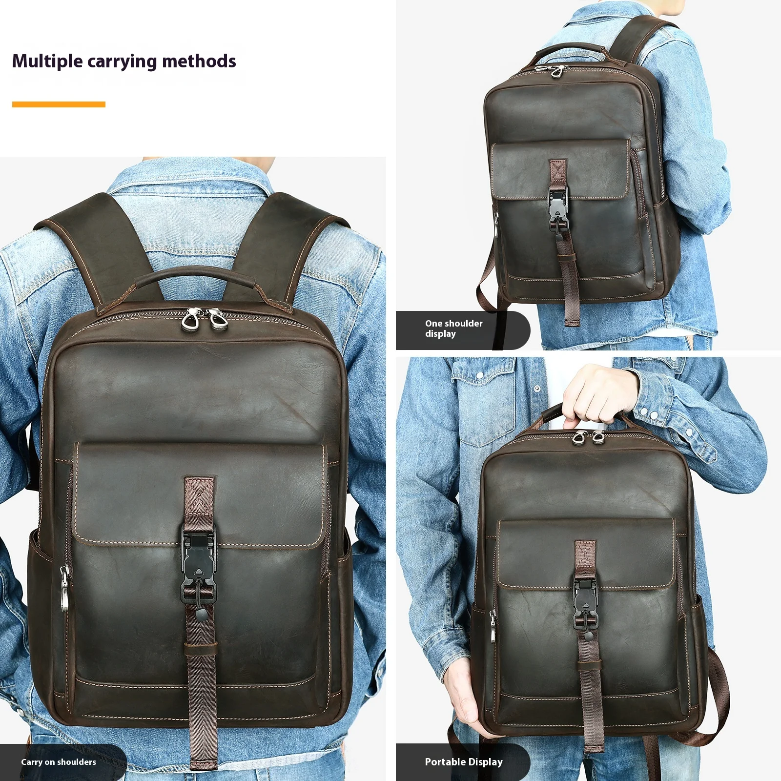 Business Casual Men's Leather Backpack Large Capacity Travel Bag