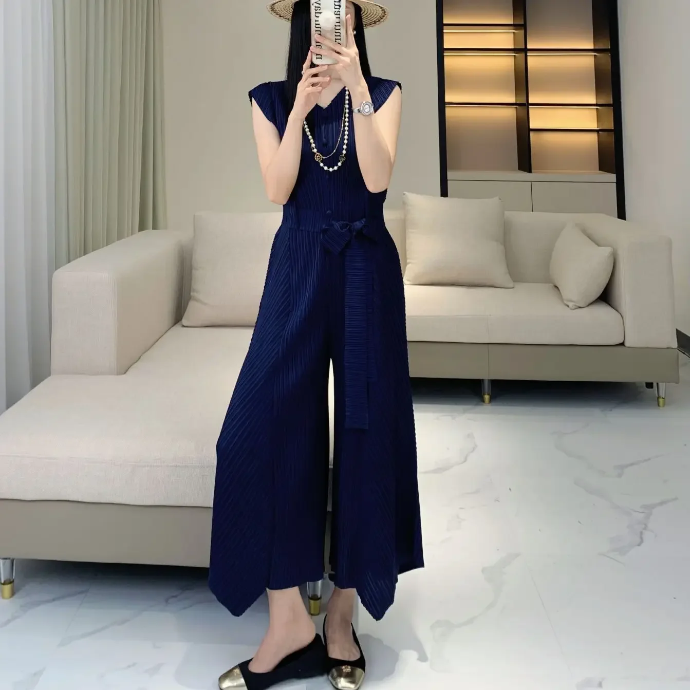 Pleats Pleated Jumpsuit French Retro Plus Size Jumpsuit Female Summer New High-waisted Thin Lace-up Irregular Wide-legged Pants