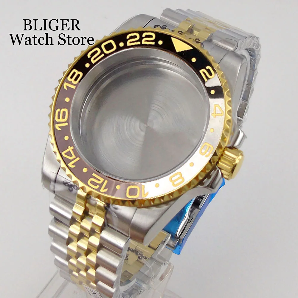 40mm Watch Case fit NH35A NH36A NH34A PT5000 MIYOTA 8215 Two Tone Gold Steel Bracelet Grey Black Ceramics Insert