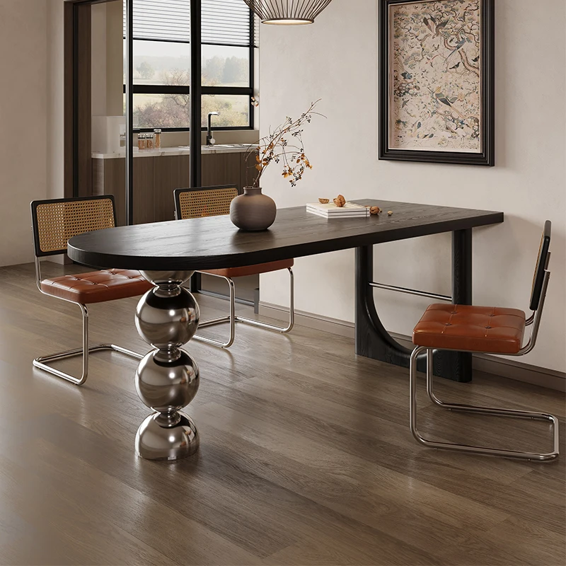 

Обеденный стол из цельного дерева в античном стиле, полукруглый домашний черный стол для гостиной, американский обеденный стол, встроенный стол De Café