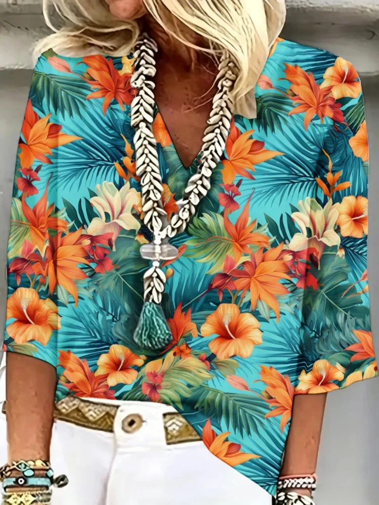 

Plus Size Casual Tunic Shirt Women's Boho Tropical Floral Print Blouse American Style 3/4 Sleeve V-neck Breathable Holiday Cloth
