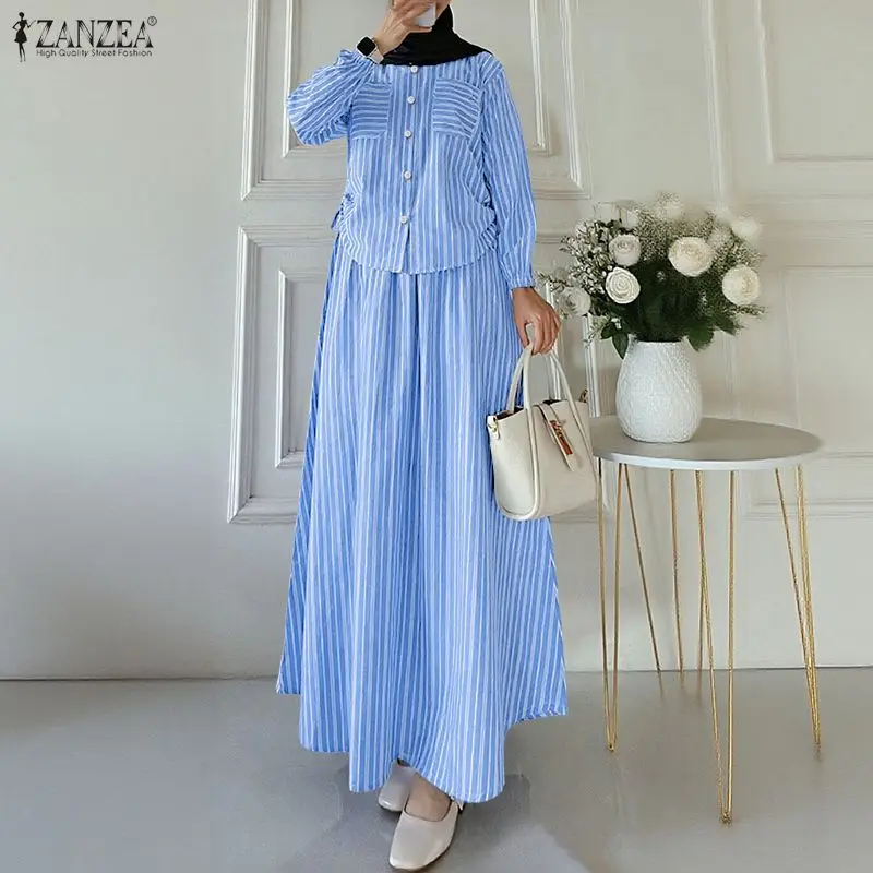 Muslim Hijabs Women's Skirt Suits Striped Long Sleeve Shirt & A-Line Maxi Skirt 2 Pieces Sets ZANZEA Islamic Woman 2pcs Outfits