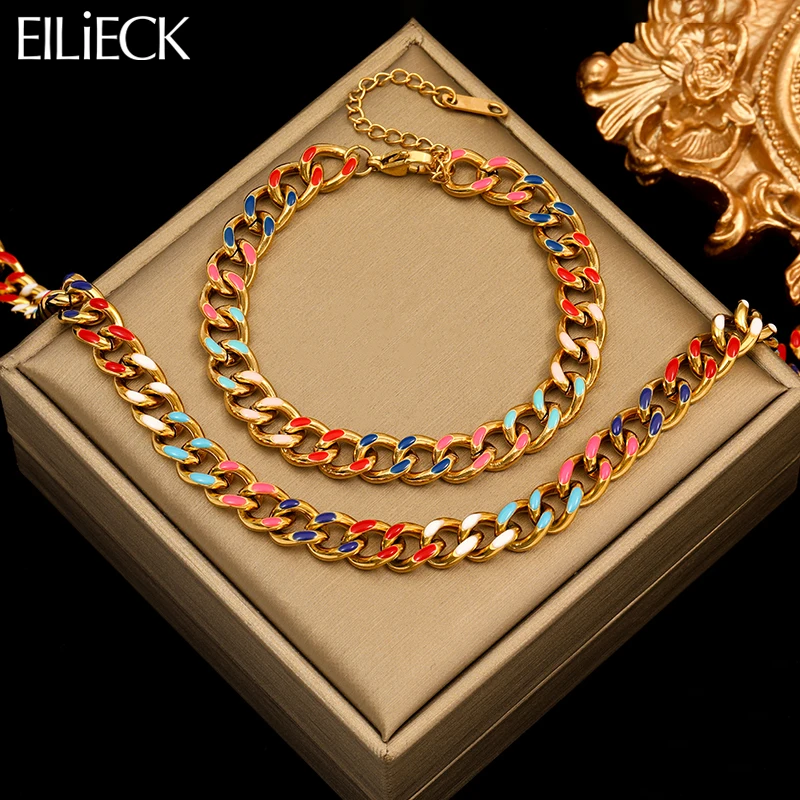 

EILIECK 316L Stainless Steel Colorful Thick Chain Necklace Bracelet For Women New Trendy Punk Jewelry Set Birthday Gift Party