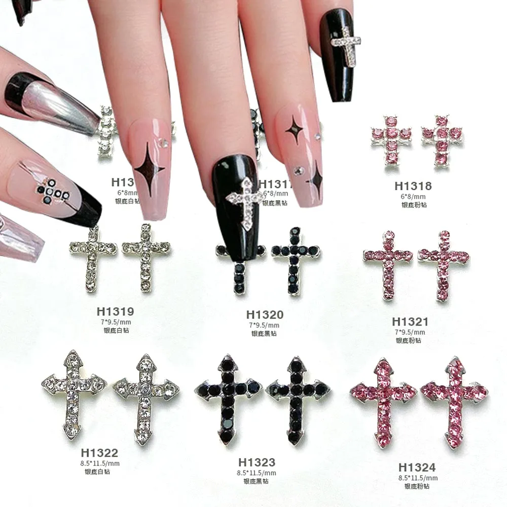 

10Pcs 3D Cross Alloy Nail Art Charms Mini Rhinestone Silver/Black/Pink Supplies Large Diamond Decoration Christ Nail Part Bulk