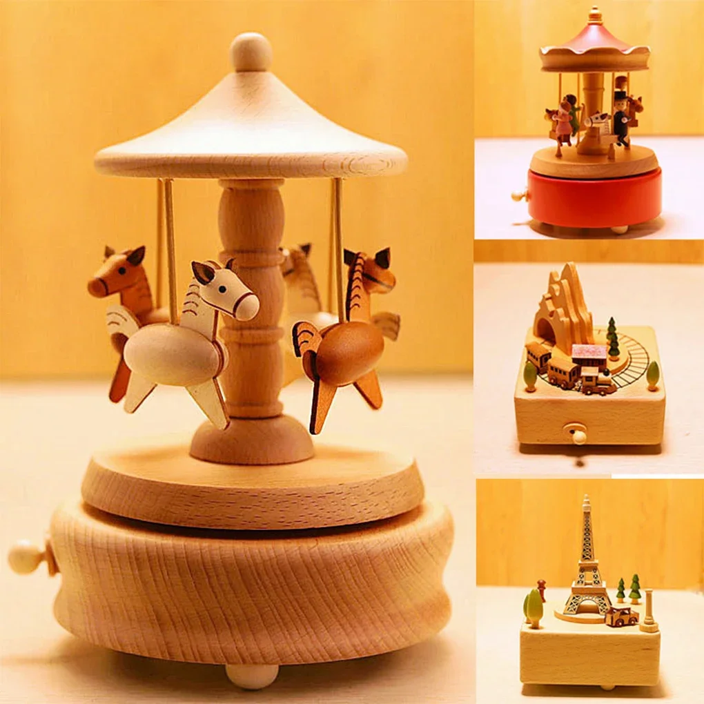 Wooden Carousel Music Box Ornaments Rotatable Hand-cranked Music Box DIY Handmade Birthday Christmas Gift Children’s Toys