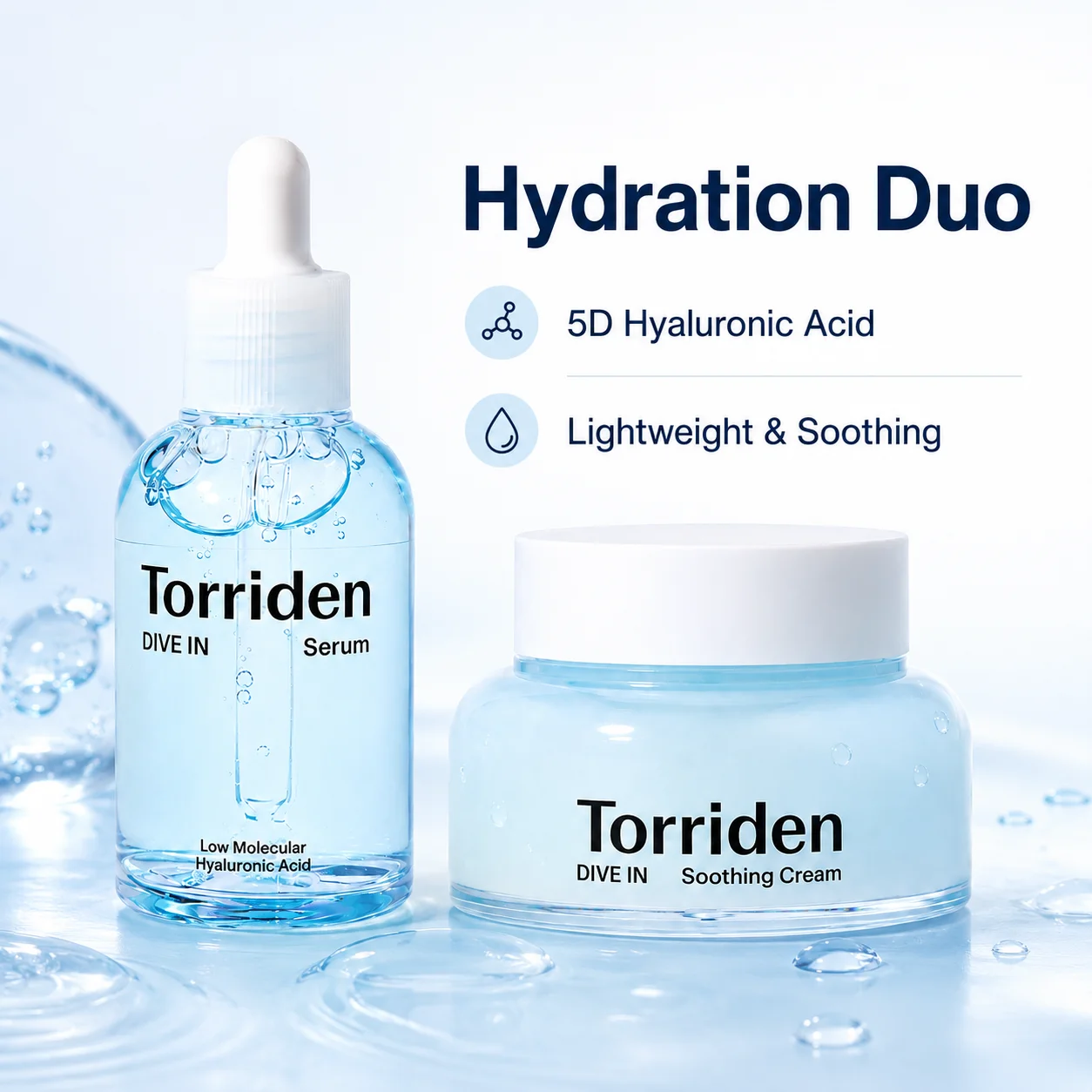 K‑Beauty Torriden DIVE‑IN Hydration Duo Kit,5D Hyaluronic Acid Serum+Soothing Facial Cream,Light Texture Deep Hydration Repair