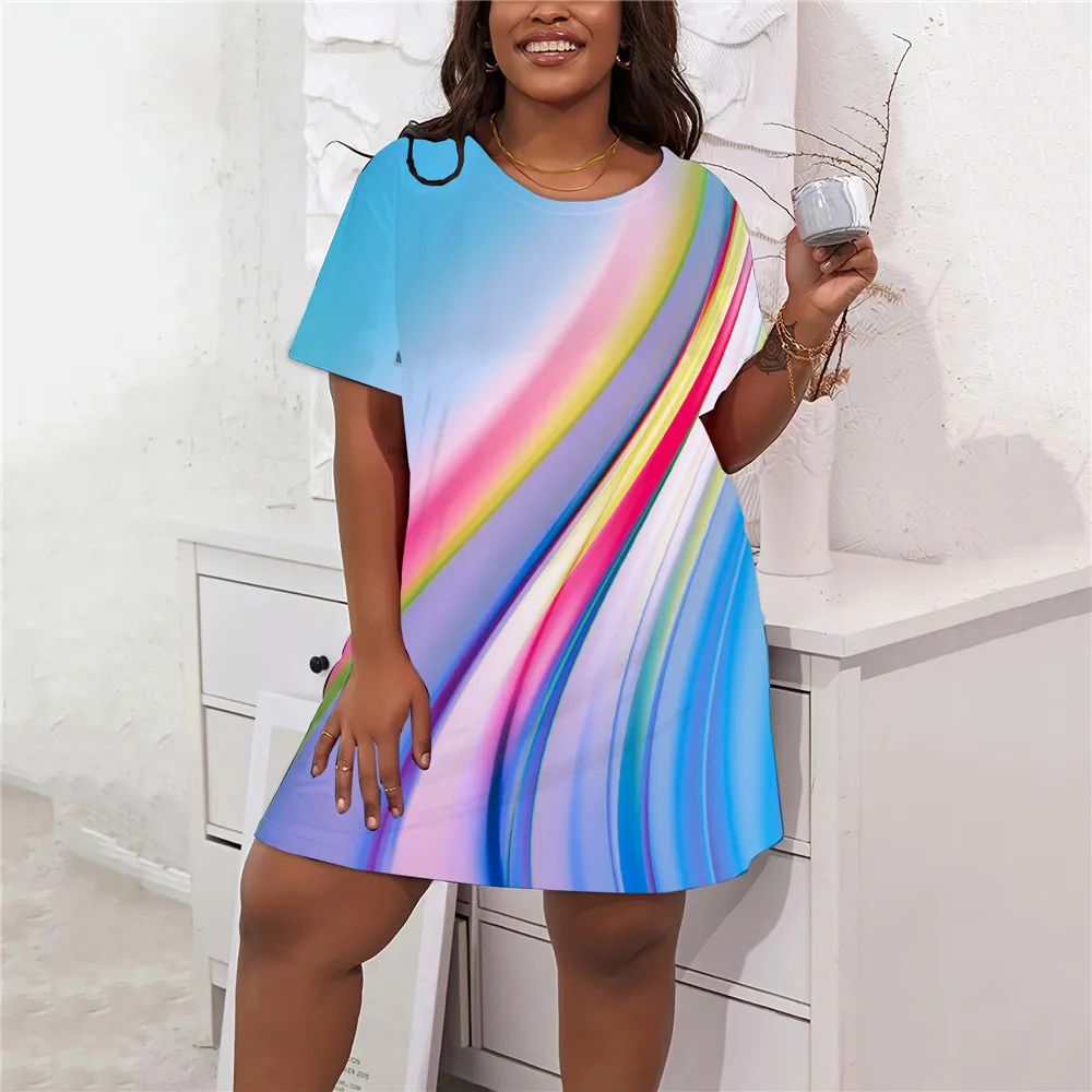 Tie Dye Painted 3D Print Gradient Dress For Women Streetwear Casual Short Sleeve Summer Fashion O-Neck Dress Sundress Plus Size