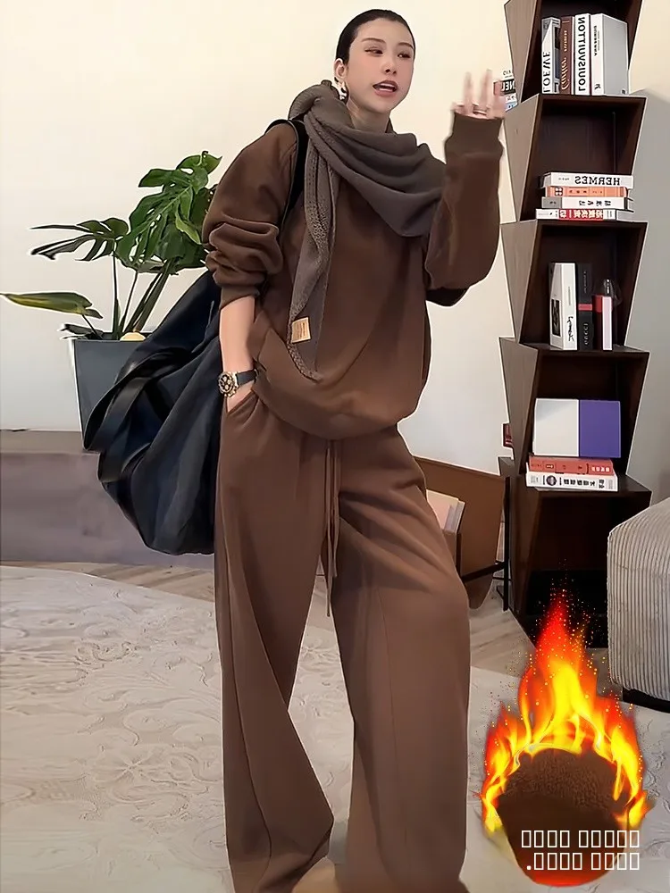 

Thiened Fce круглый Ne толстовка и широкие брюки женский зимний модный комплект повседневный теплый длинный свеч уличный сле