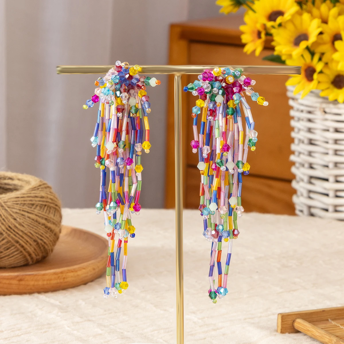 Colorful Long Tassel Beaded Earrings, Handmade Edgy Design Unique Statement Dangle Earrings