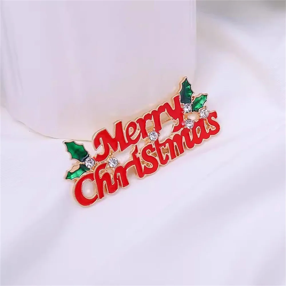 Christmas Letters Brooch For Women Leaves CZ Exquisite Red Metal Pins Clothing Accessories Festivals Party A gift