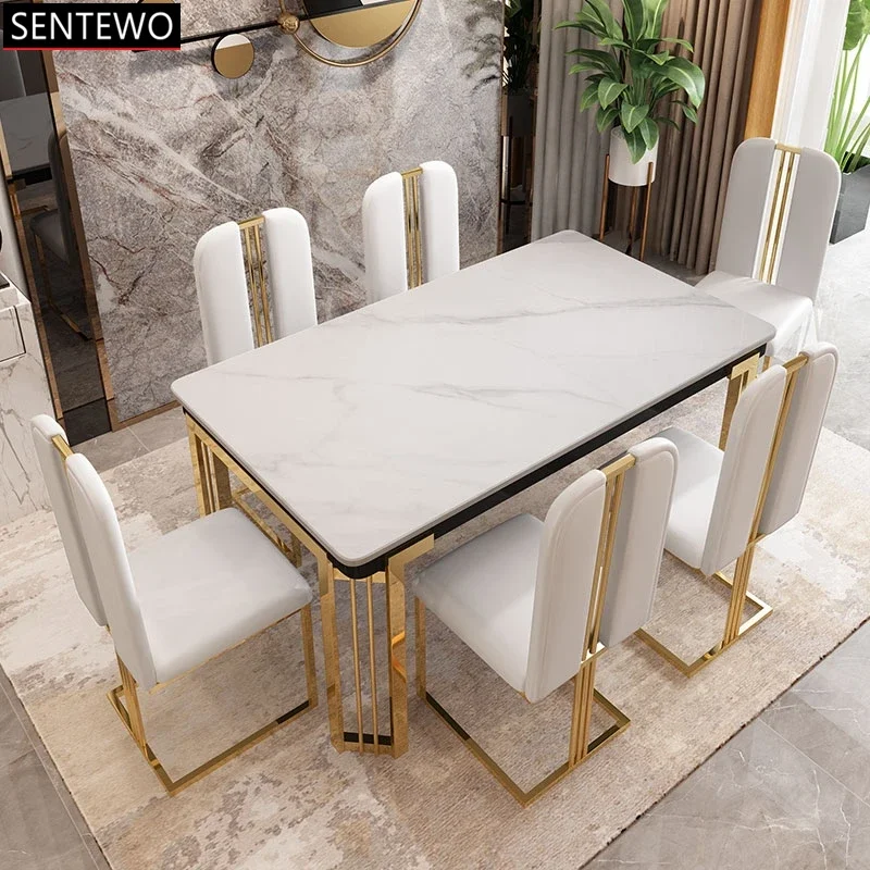 Modern Luxury Marble Dining Tables and Chairs Set Kitchen Furniture Stainless Steel Gold Feet Base Table Chair Muebles De Cocina