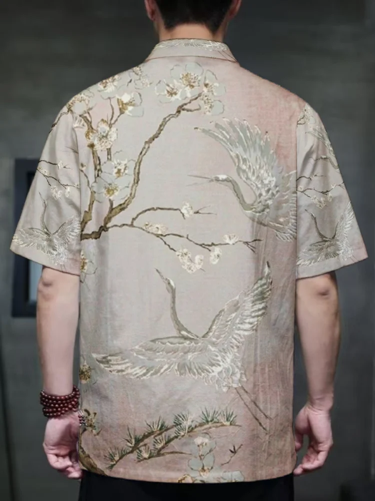 New Chinese Style Men's Shirts Traditional Crane Plum Flower Art Print Short‑Sleeve Tang Suits Mandarin Collar Frog Buttons Tops