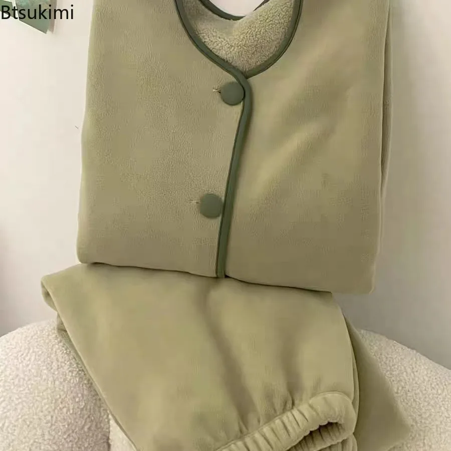 

Women's Autumn Winter Coral Fleece Long-sleeved Pajamas 2PCS Set Plus Velvet Thick Flannel Homewear Suit Sleepwear Loungewear