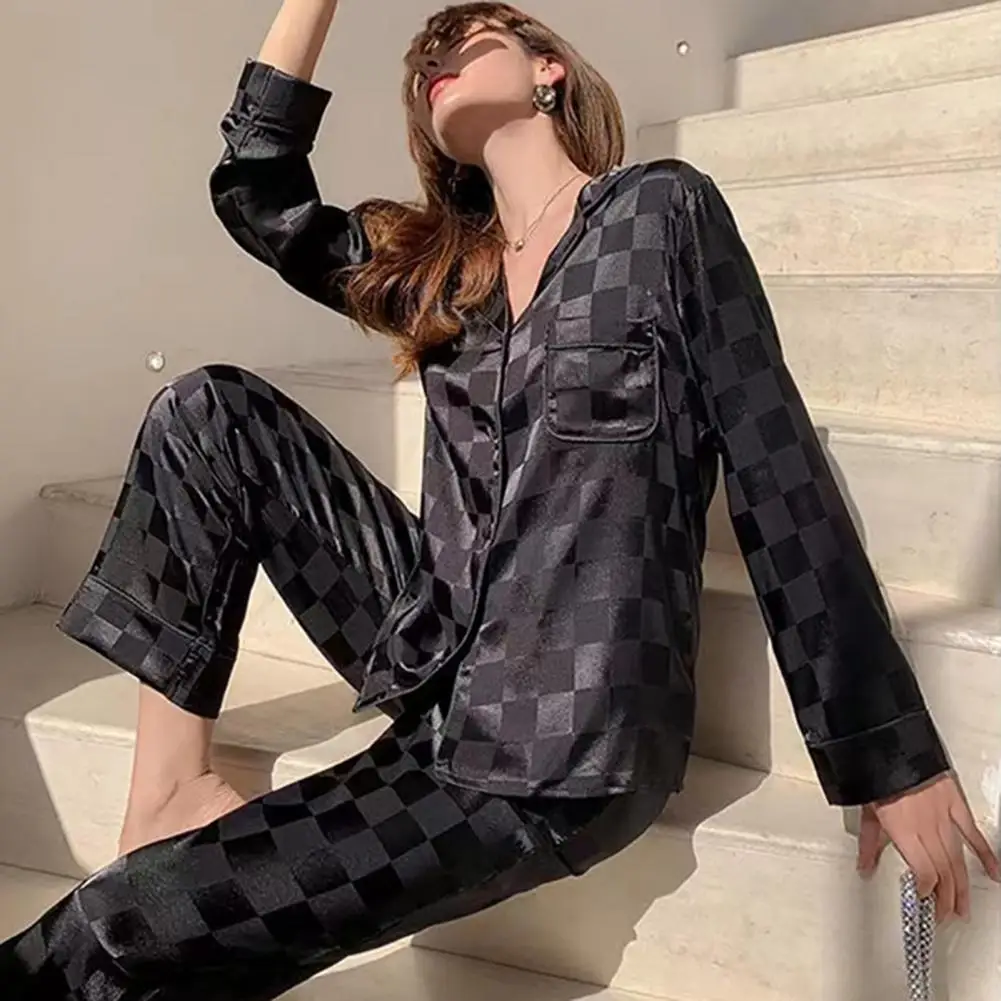 

Womens Satin Pajamas Set Button Down Long Sleeve Top And Long Pants Sleepwear Set Oversized Casual Plaid 2 Piece Lounge Set