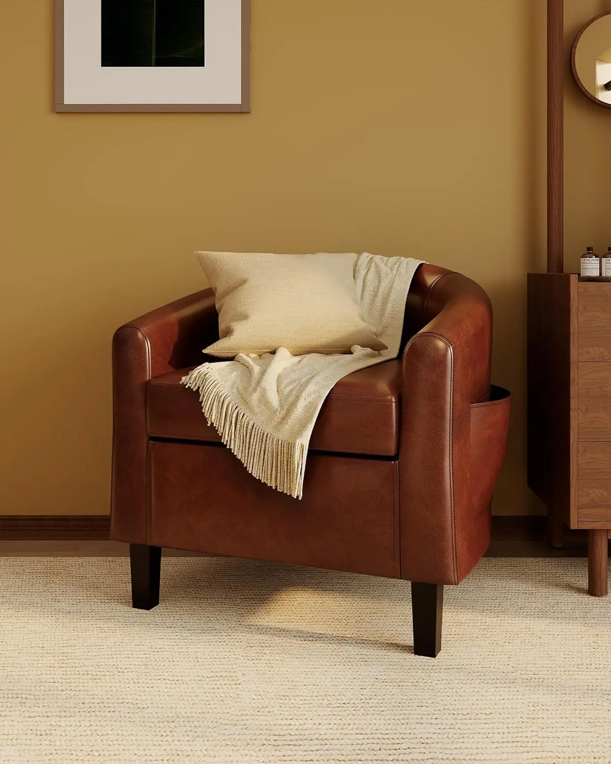 

Garvee Faux Leather Barrel Accent Chair with U-Shaped Backrest, Thick Soft Seat Cushion, Comfy Armrests, Sturdy Legs for Living Room Bedroom Office Reception, Brown PU