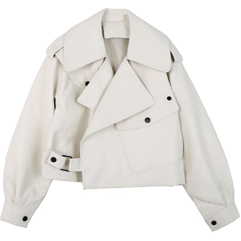 FMFSSOM Spring Autumn Loose Design Turn-Down Collar MotoBike Pu Leather Jacket Women Long Sleeve Turn-Down Collar