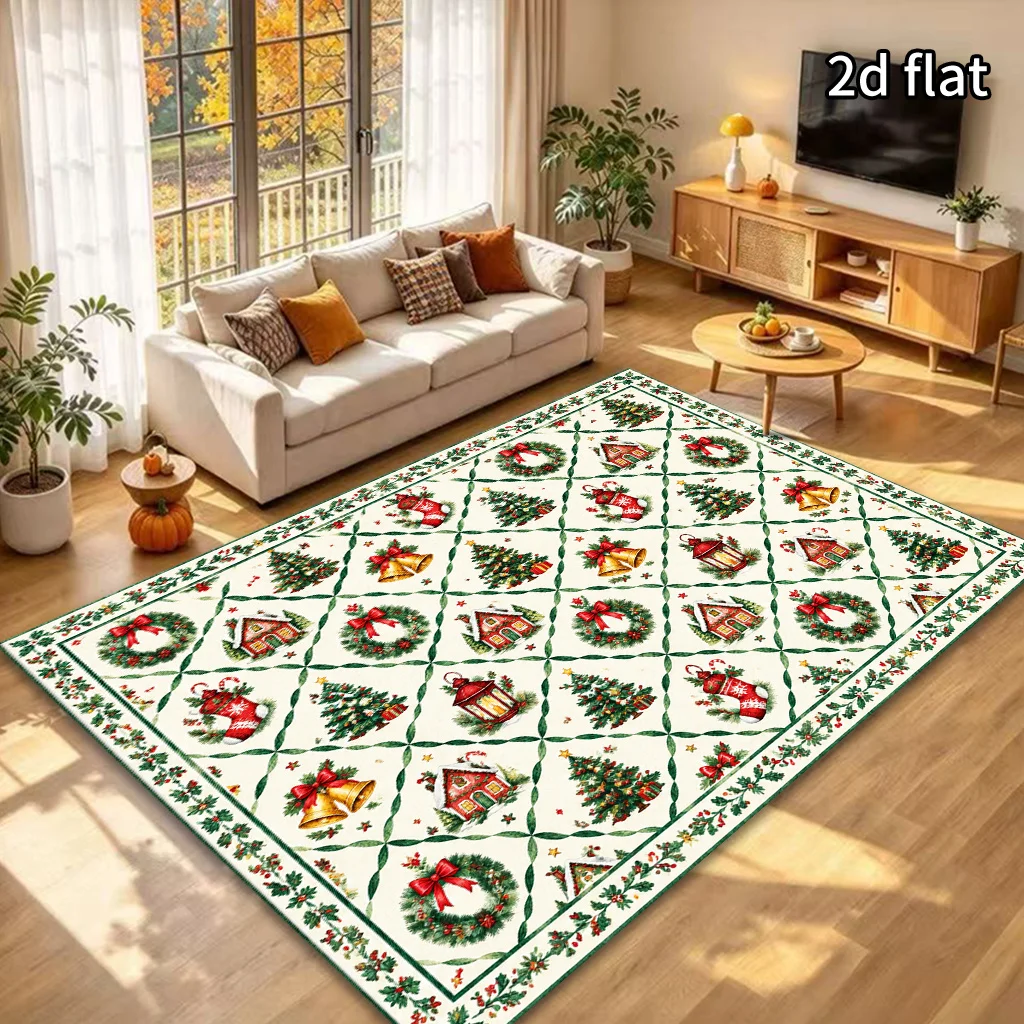 2D Flat Christmas Patchwork Area Rug, White Background Wreath Bell Tree Sock Lantern Grid Print, Floor Decor for Living Room