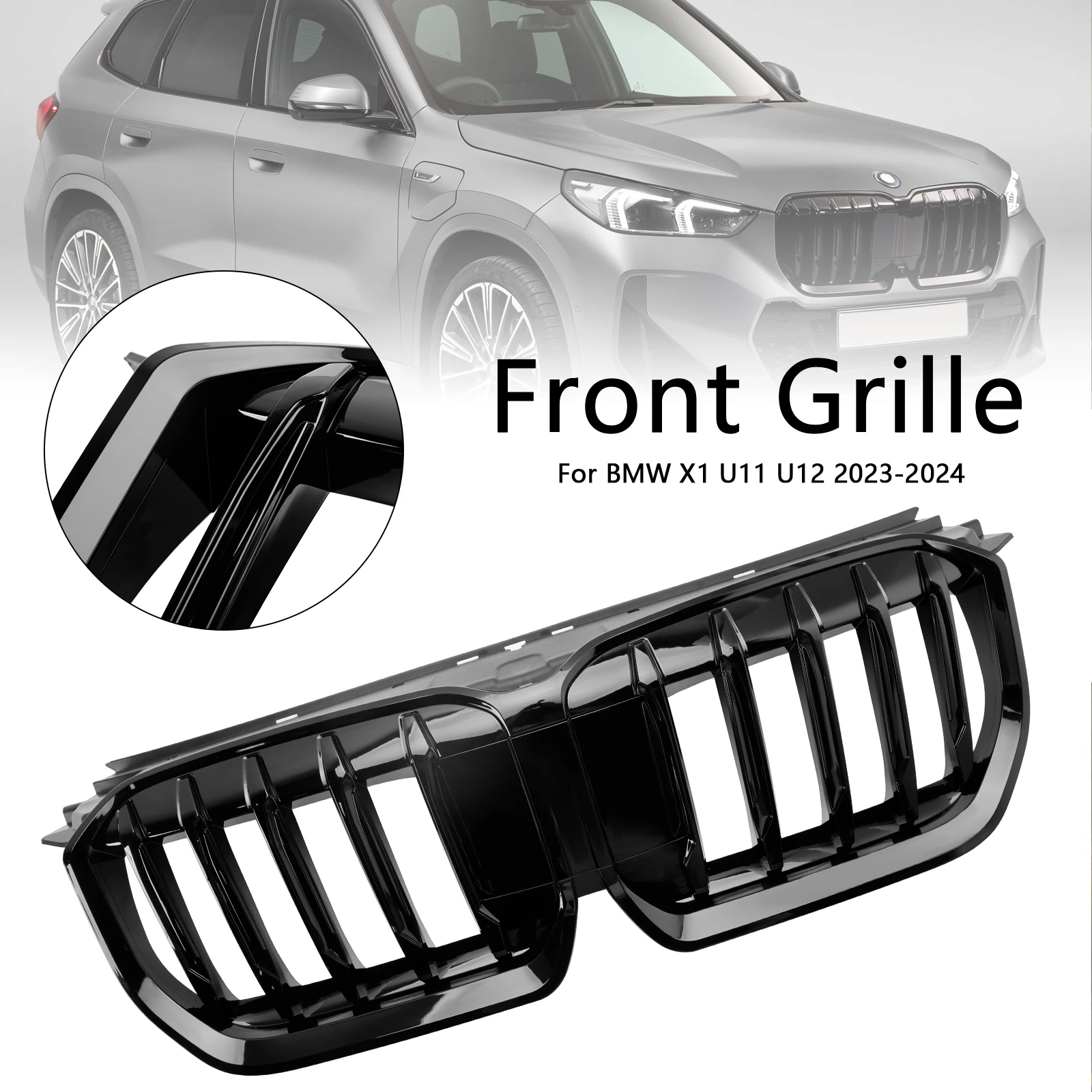 Artudatech المصد الأمامي الأسود اللامع شبكة الكلى مناسبة لسيارات BMW X1 U11 U12 2023-2024