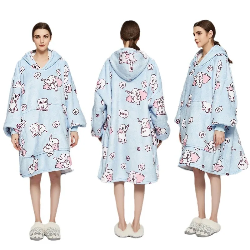 

Oversize Flannel Cotton Robe Gown Women Hooded Tv Blanket Lady Nightgown Autumn Winter Thicken Hoodies Sleepwear Loungewear