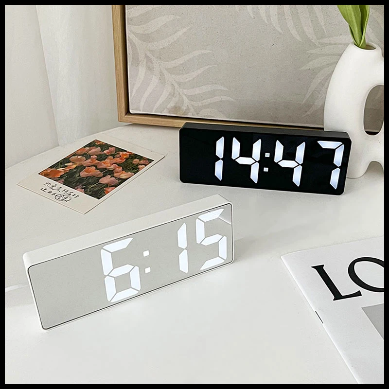 LED Digital Table Clock Large Display Mirror Surface Smart Powered Electronic Desktop Alarm Clocks Thermometer Date Night Light