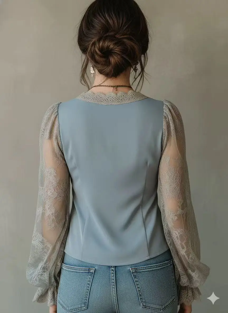 Women's Boho Lace Blouse, V-Neck Long Sleeve Smocked Top, Vintage Floral Sheer Mesh Shirt for Casual & Party Wear
