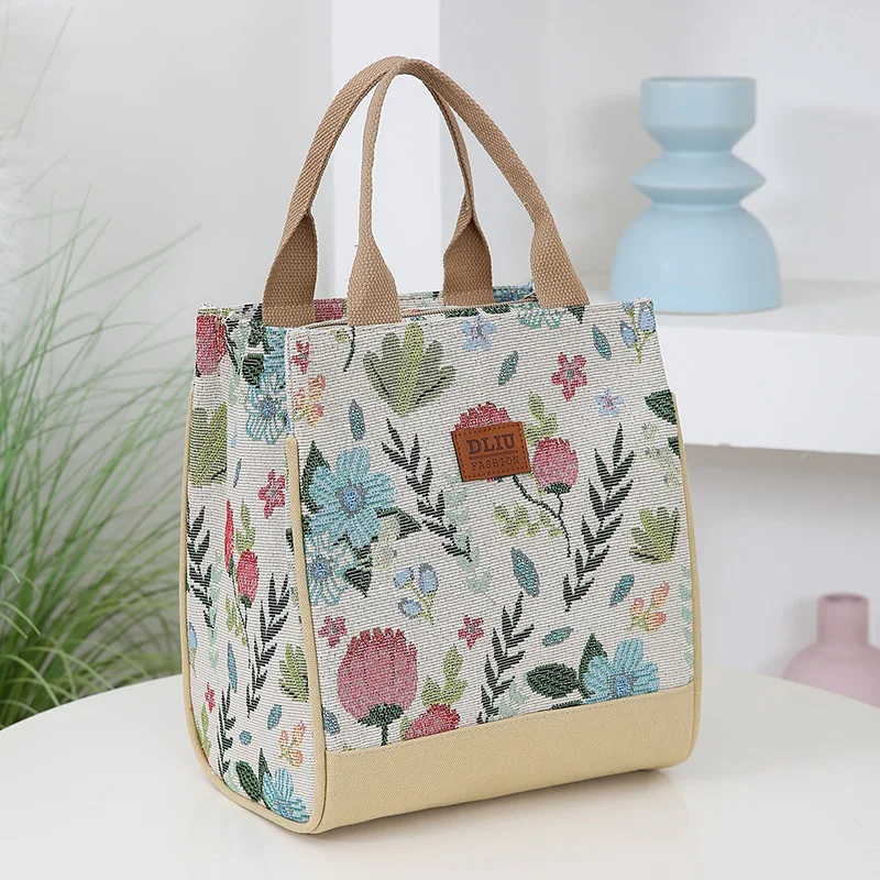 Thick jacquard fabric handbag, aluminum foil insulation layer bento bag, portable lunch box storage bag for work