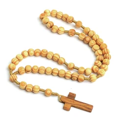 Wooden beads catholic wood grain rosary christ jesus cross necklace religious jewlery wholesale