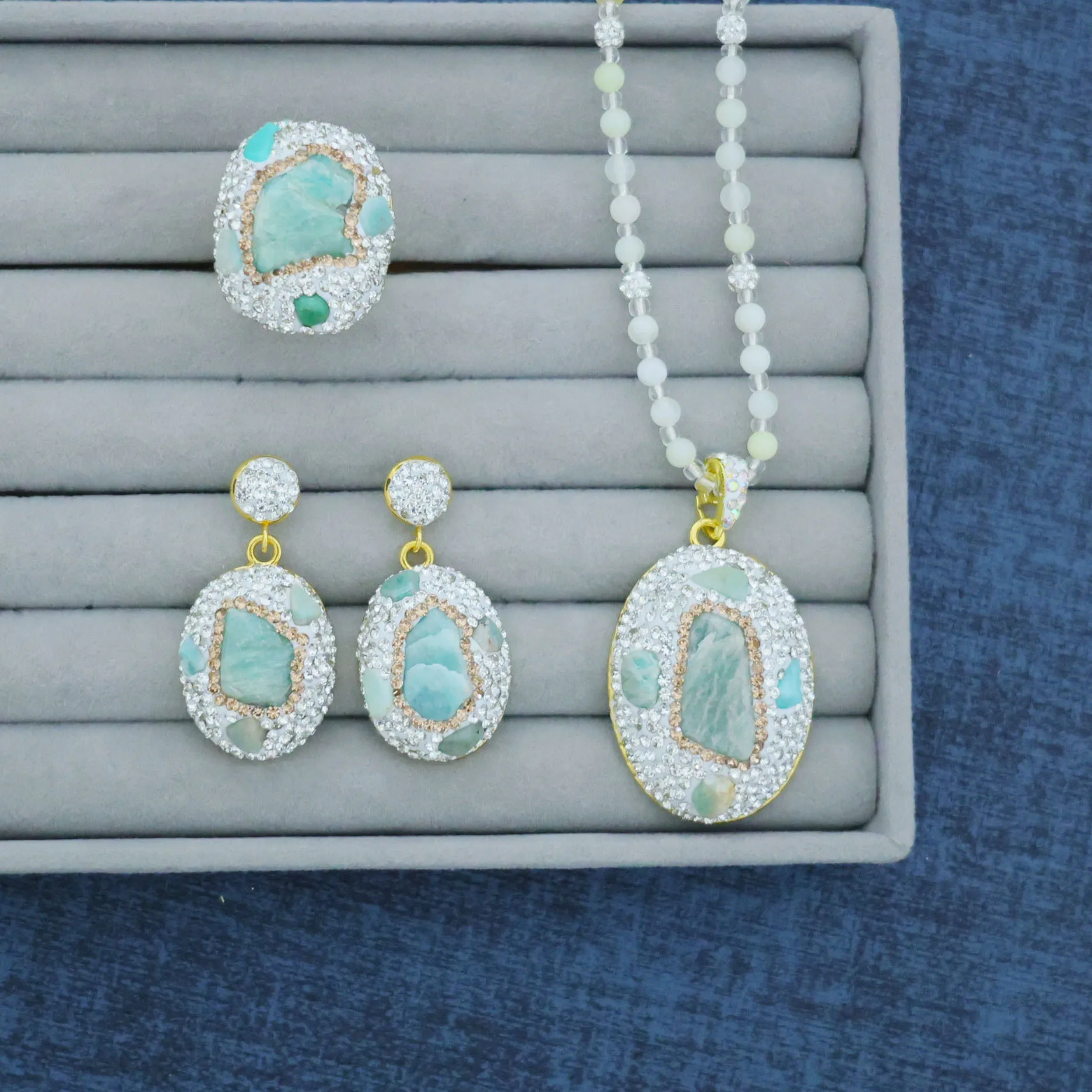 DIY accessories New natural Tianhe stone jewelry pottery clay inlay three-piece personalized jewelry original design