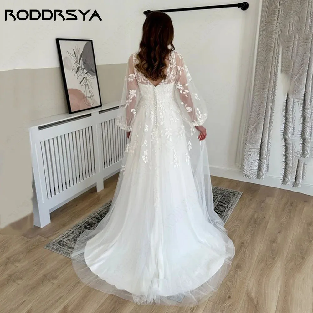 RODDRSYA Vintage V-hals Bruidsjurk Puff Mouwen Applique Bruidsjurk Backless ATulle Vestido Novia A Line Burgerlijke BruidsjurkenRODDRSYA 빈티지 V넥 웨딩 원피스, 퍼프 소매 아플리케 신부 가운, 백리스 아툴 베스티도 노비아 A 라인 시민 신부 드레스