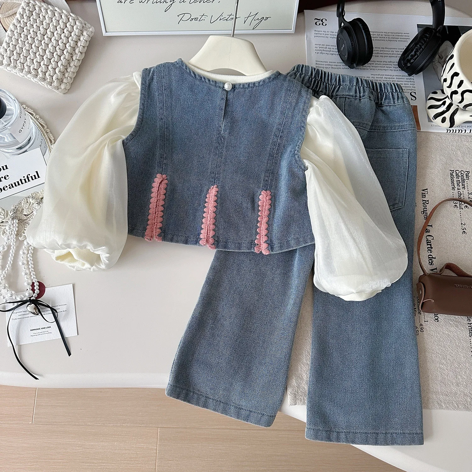 

Denim Sets for Girls Boutique Outfits Toddler Autumn Clothes Kids Puff Sleeve Pullover Denim Vest Jeans Suit Children Clothing