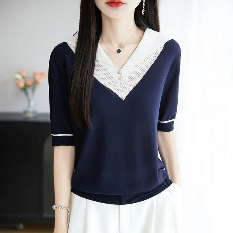 Women's Clothing Chic Large Size T-shirts Summer New Navy Hollow Out Half Sleeve Knit Loose Tee Lady Turn-down Collar Button Top
