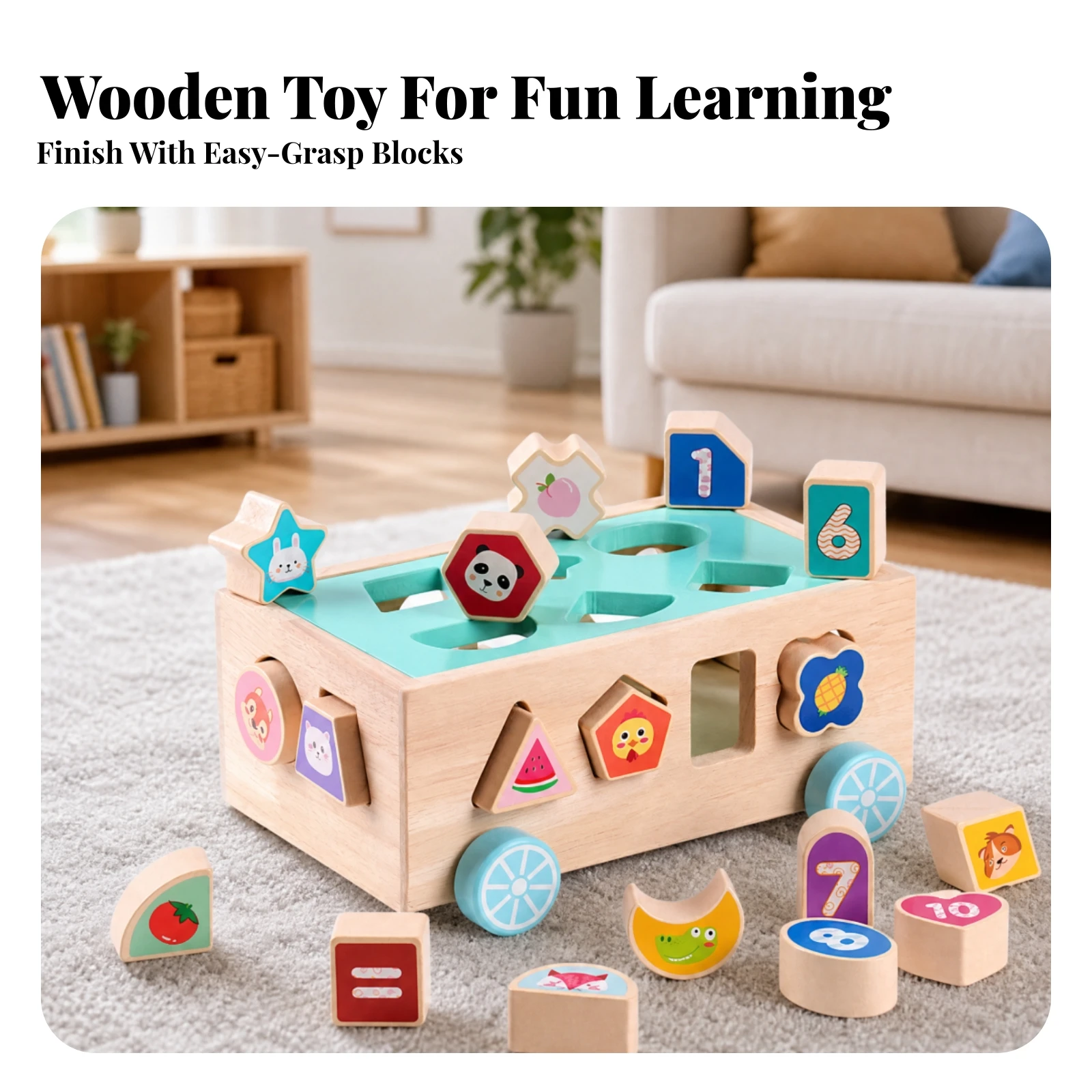Wooden Shape Sorter Cart Bright-Colored Shape Sorter with Wooden Pieces Fine Motor Skill Toy Safe Screen-Without
