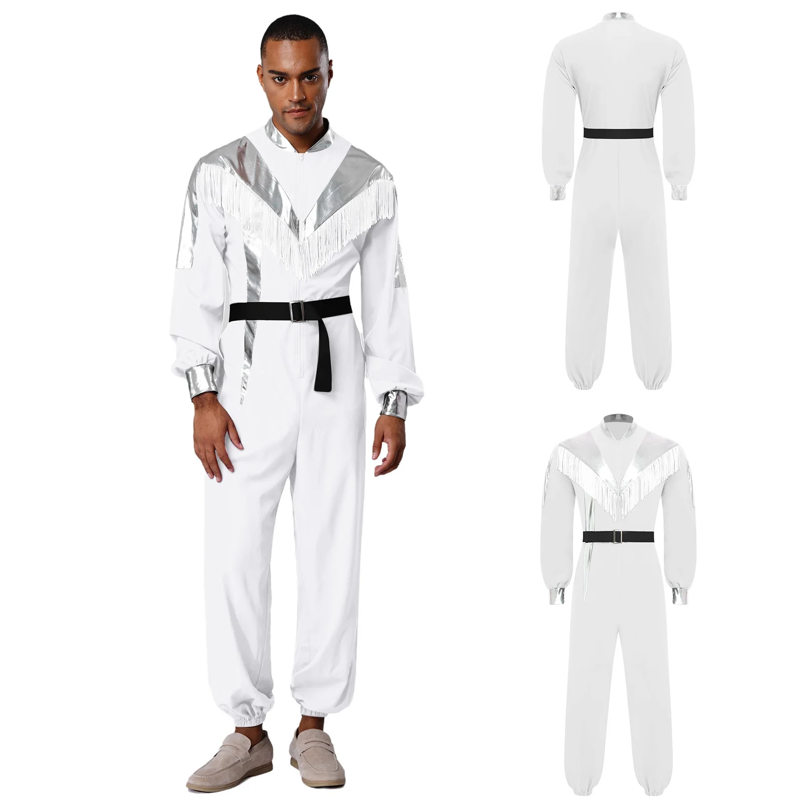 

Men Space Cowboy Outfit Astronaut Cosplay Costume Long Sleeve Tassels Jumpsuit with Belt for Halloween Carnivals Fancy Dress Up