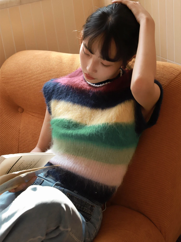 

Вязаный жилет с радужными полосками и цветовыми блоками, дизайн Otherbela, укороченный, для повседневной носки, из смесового полиэстера