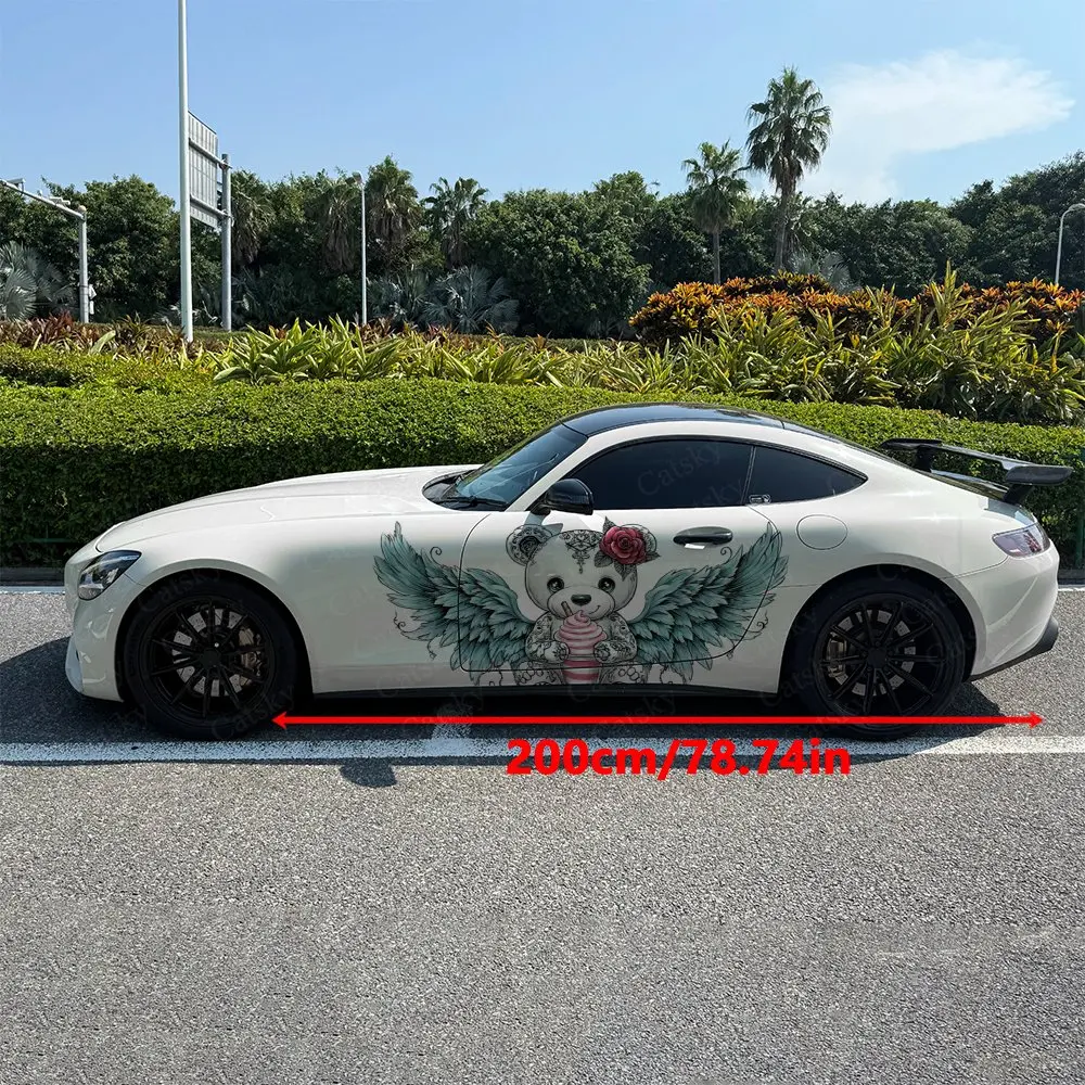2Pcs Scroll Wing Floral Cute Bear Car Side Wraps, Self-Adhesive PVC Waterproof & Scratch-Resistant Stickers, Car Accessory Gift