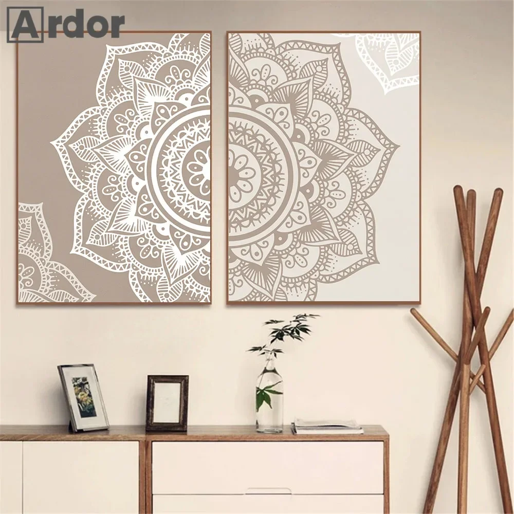 

Beige Mandala Floral Canvas Poster Zen Yoga Wall Art Painting Boho Print Neutral Color Nordic Wall Pictures Living Room Decor